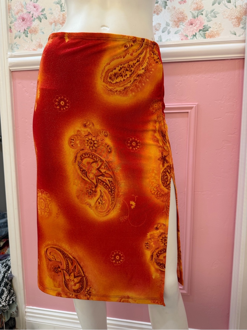 Y2K Red Paisley Midi Skirt